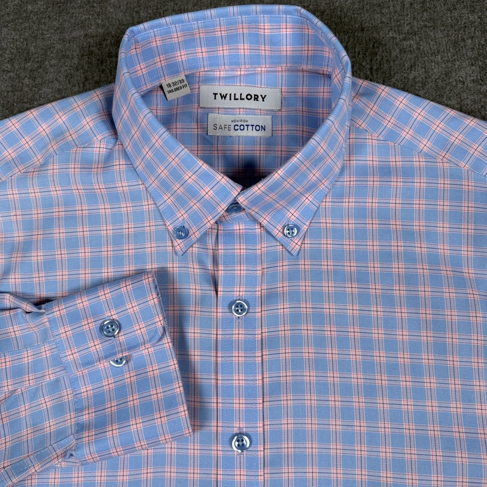Twillory Mens 16 32/33 Blue Pink Plaid Tailored Non Iron Safe Cotton Shirt